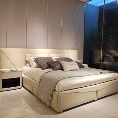 Exquisite Pristine White Luxury Bed featuring a padded headboard and footboard in premium leather or fabric.