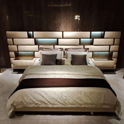 Exquisite Titanium Gold Luxury Bed Set featuring smart lighting and eucalyptus wood veneer.