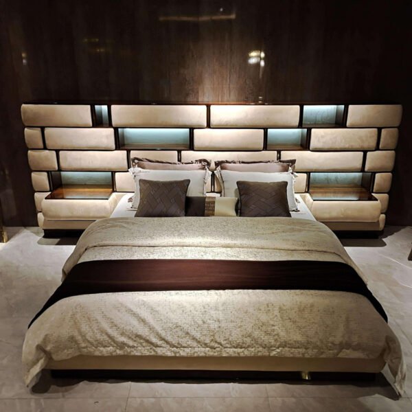 Exquisite Titanium Gold Luxury Bed Set featuring smart lighting and eucalyptus wood veneer.