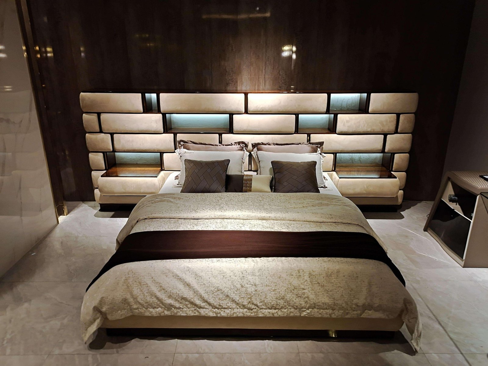 Exquisite Titanium Gold Luxury Bed Set featuring smart lighting and eucalyptus wood veneer.