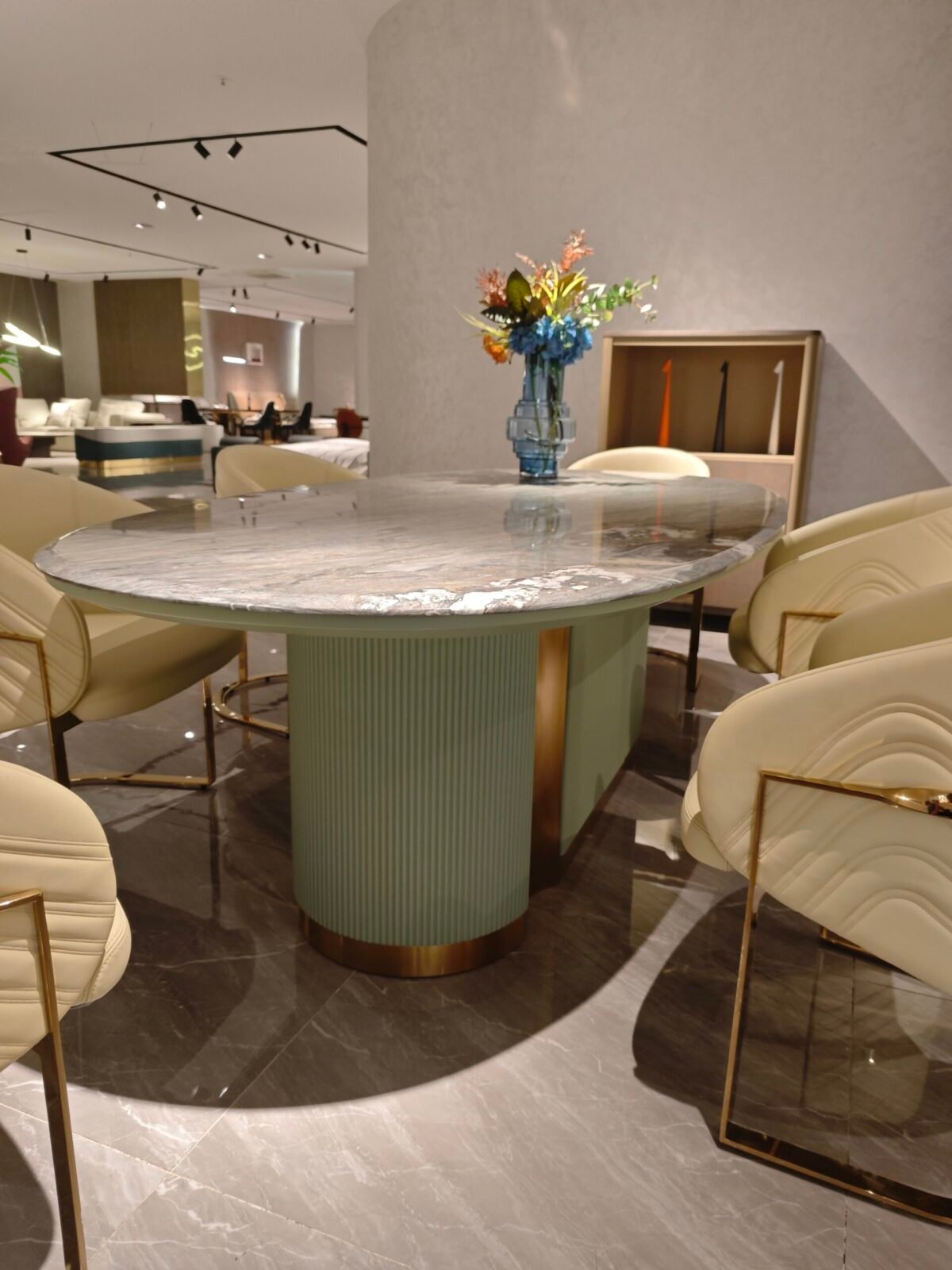 Hotel dining table sculptural design showing multiple views and dimensions 2300x1180x810mm