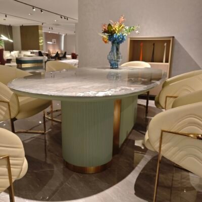 Hotel dining table sculptural design showing multiple views and dimensions 2300x1180x810mm