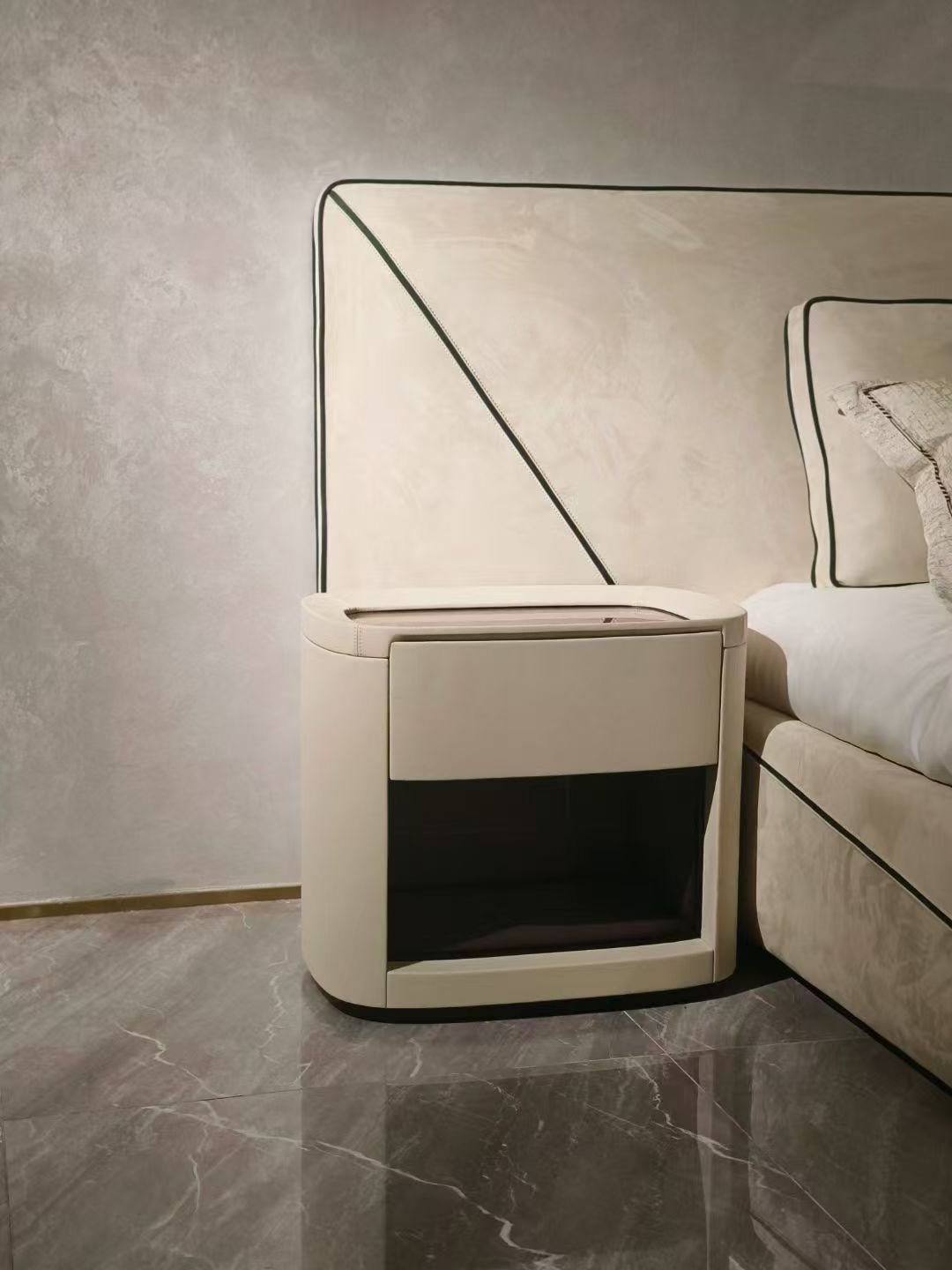 Exquisite Pristine White Luxury Bed featuring a padded headboard and footboard in premium leather or fabric.