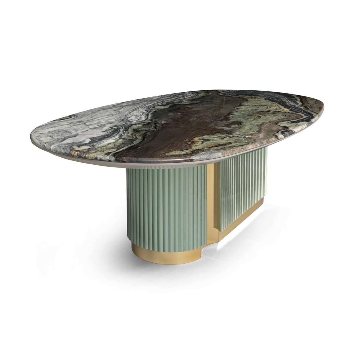 Blue-gold sand marble dining table with asymmetrical sage green pedestals and brushed brass accents