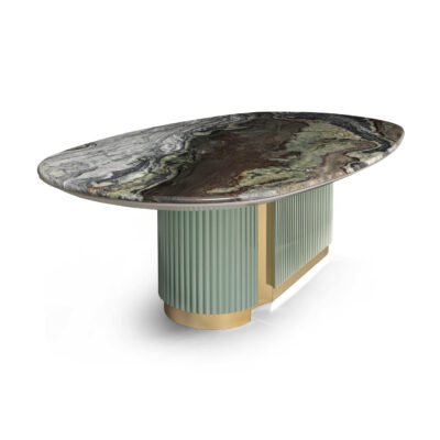 Blue-gold sand marble dining table with asymmetrical sage green pedestals and brushed brass accents