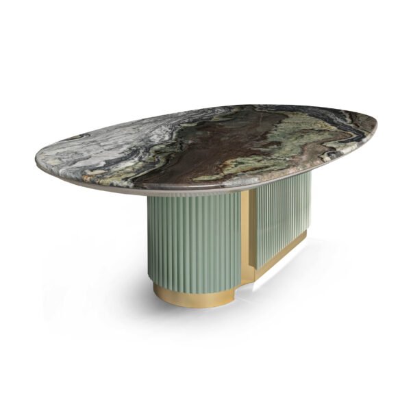 Blue-gold sand marble dining table with asymmetrical sage green pedestals and brushed brass accents