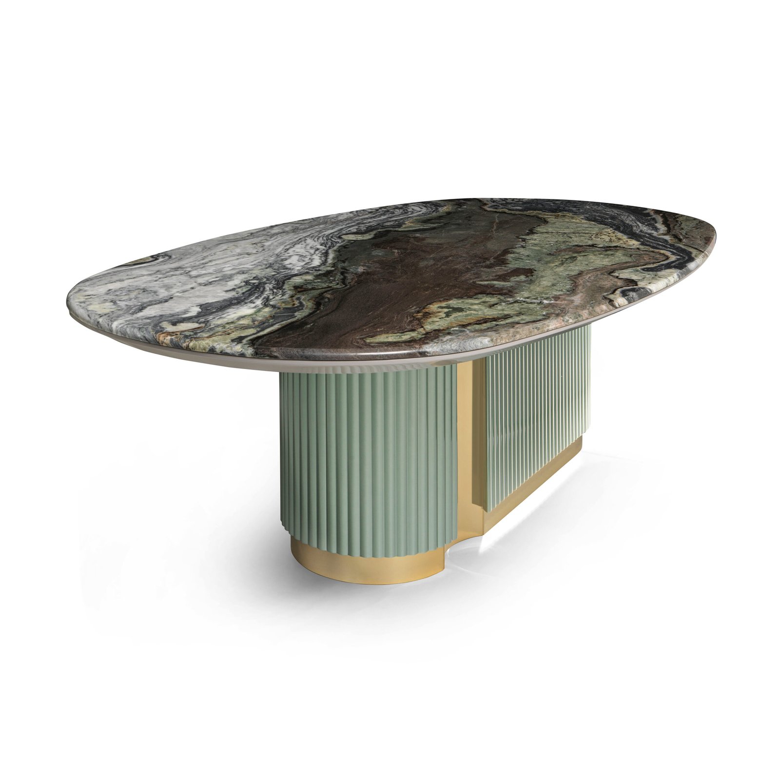 Blue-gold sand marble dining table with asymmetrical sage green pedestals and brushed brass accents