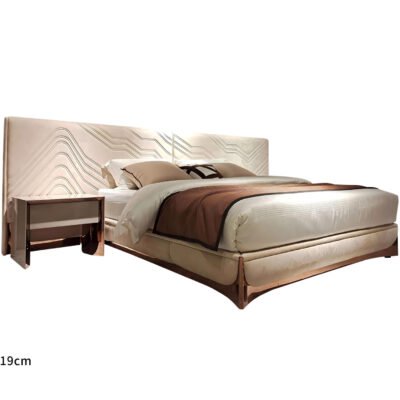 Exquisite Lumina White Leather Bed with white fabric headboard and rose gold hardware.