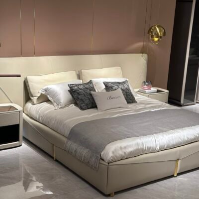 Exquisite Pristine White Luxury Bed featuring a padded headboard and footboard in premium leather or fabric.