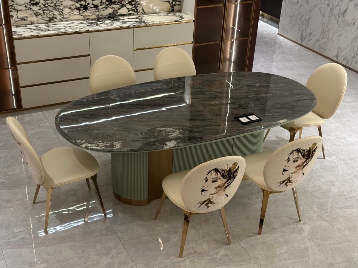 Hotel dining table sculptural design showing multiple views and dimensions 2300x1180x810mm