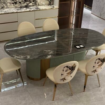 Hotel dining table sculptural design showing multiple views and dimensions 2300x1180x810mm
