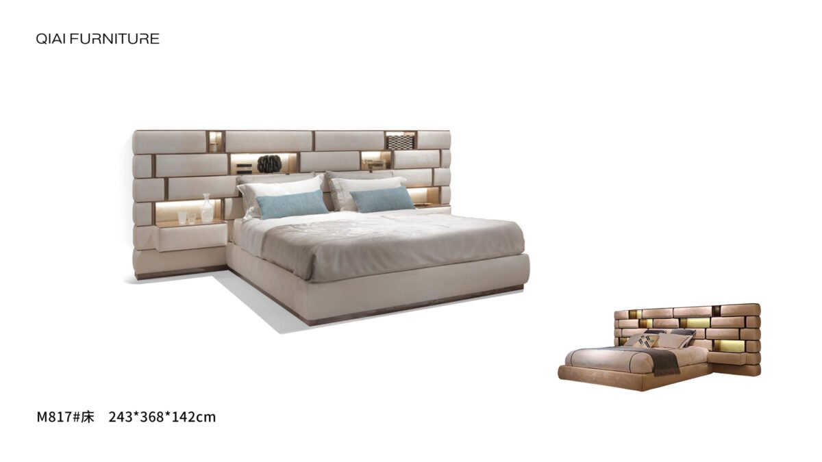 Exquisite Titanium Gold Luxury Bed Set featuring smart lighting and eucalyptus wood veneer.