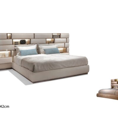 Exquisite Titanium Gold Luxury Bed Set featuring smart lighting and eucalyptus wood veneer.