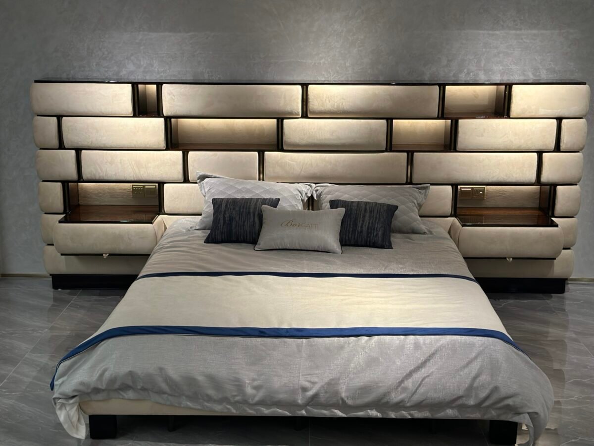 Exquisite Titanium Gold Luxury Bed Set featuring smart lighting and eucalyptus wood veneer.