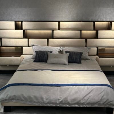 Exquisite Titanium Gold Luxury Bed Set featuring smart lighting and eucalyptus wood veneer.