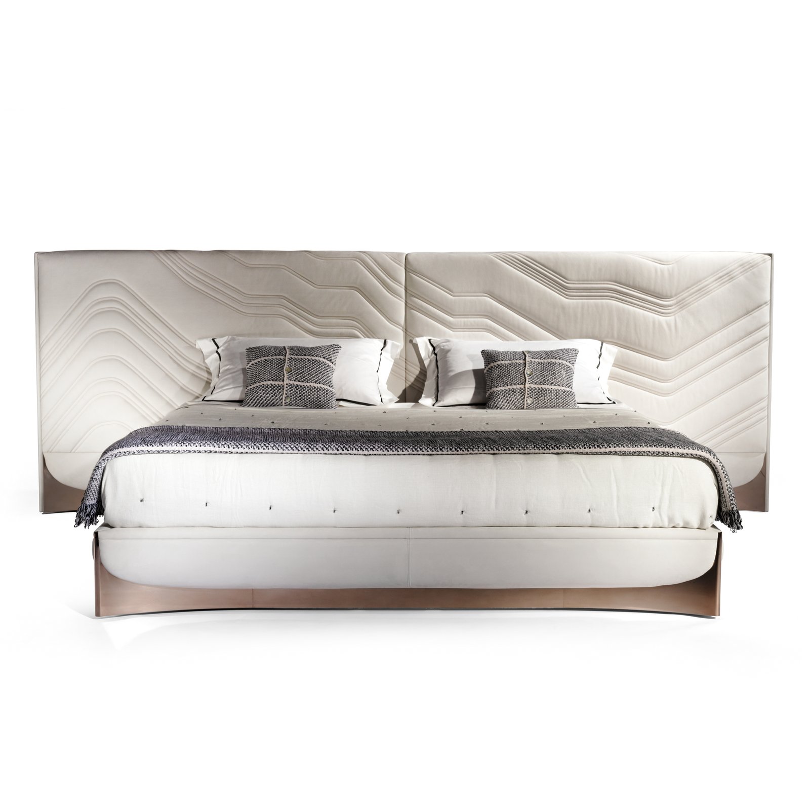 Exquisite Lumina White Leather Bed with white fabric headboard and rose gold hardware.