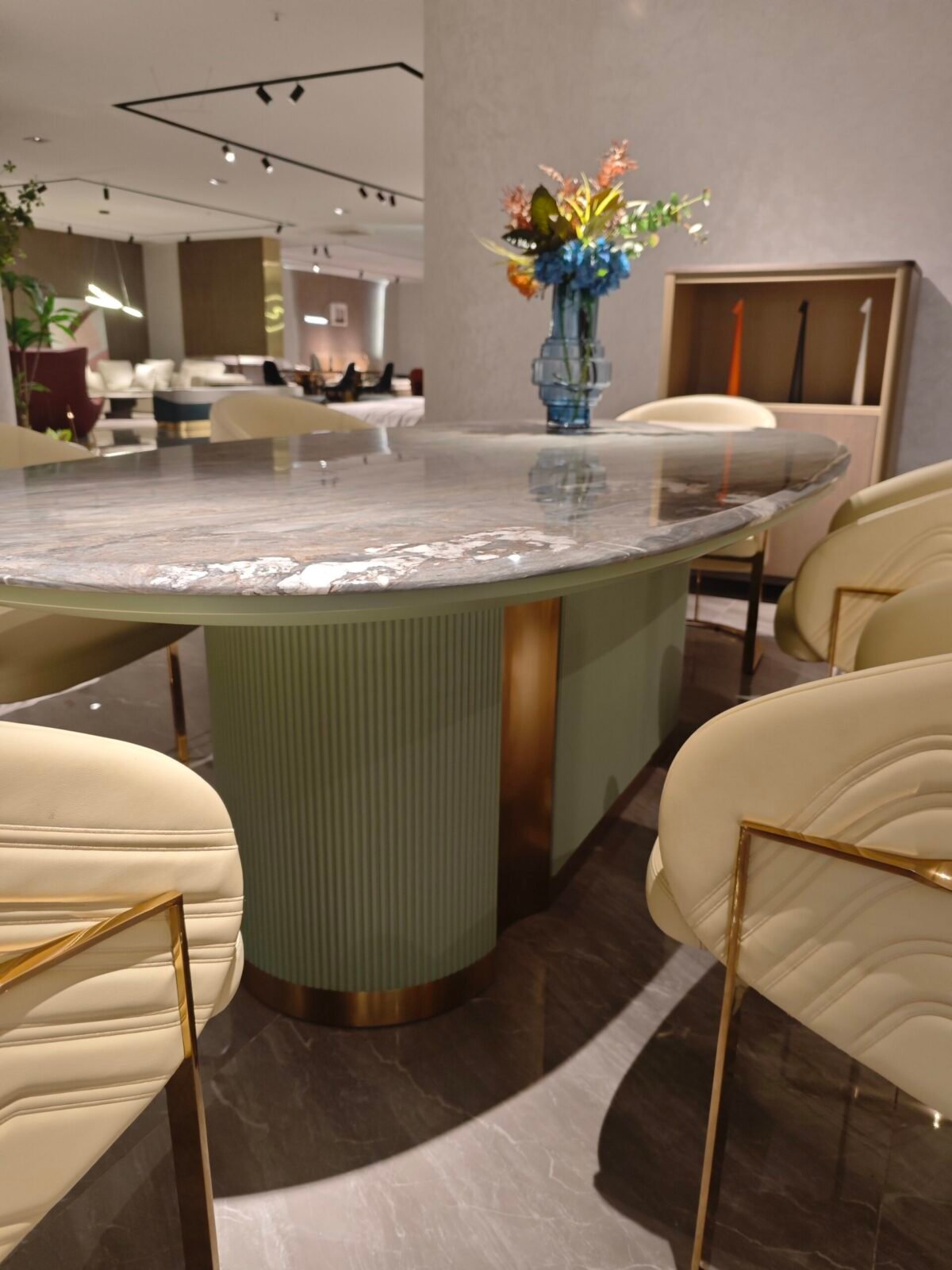 Hotel dining table sculptural design showing multiple views and dimensions 2300x1180x810mm