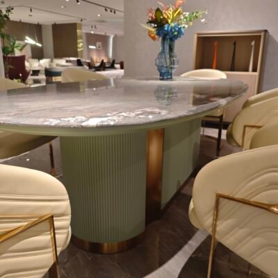 Hotel dining table sculptural design showing multiple views and dimensions 2300x1180x810mm