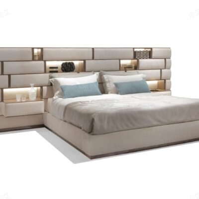 Exquisite Titanium Gold Luxury Bed Set featuring smart lighting and eucalyptus wood veneer.