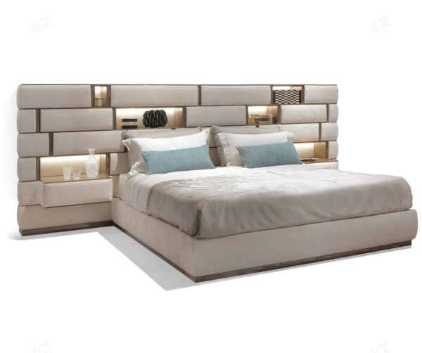 Exquisite Titanium Gold Luxury Bed Set featuring smart lighting and eucalyptus wood veneer.