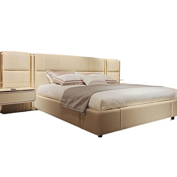 Luxury bed with LED lighting and blue stone veneer headboard in modern bedroom setting