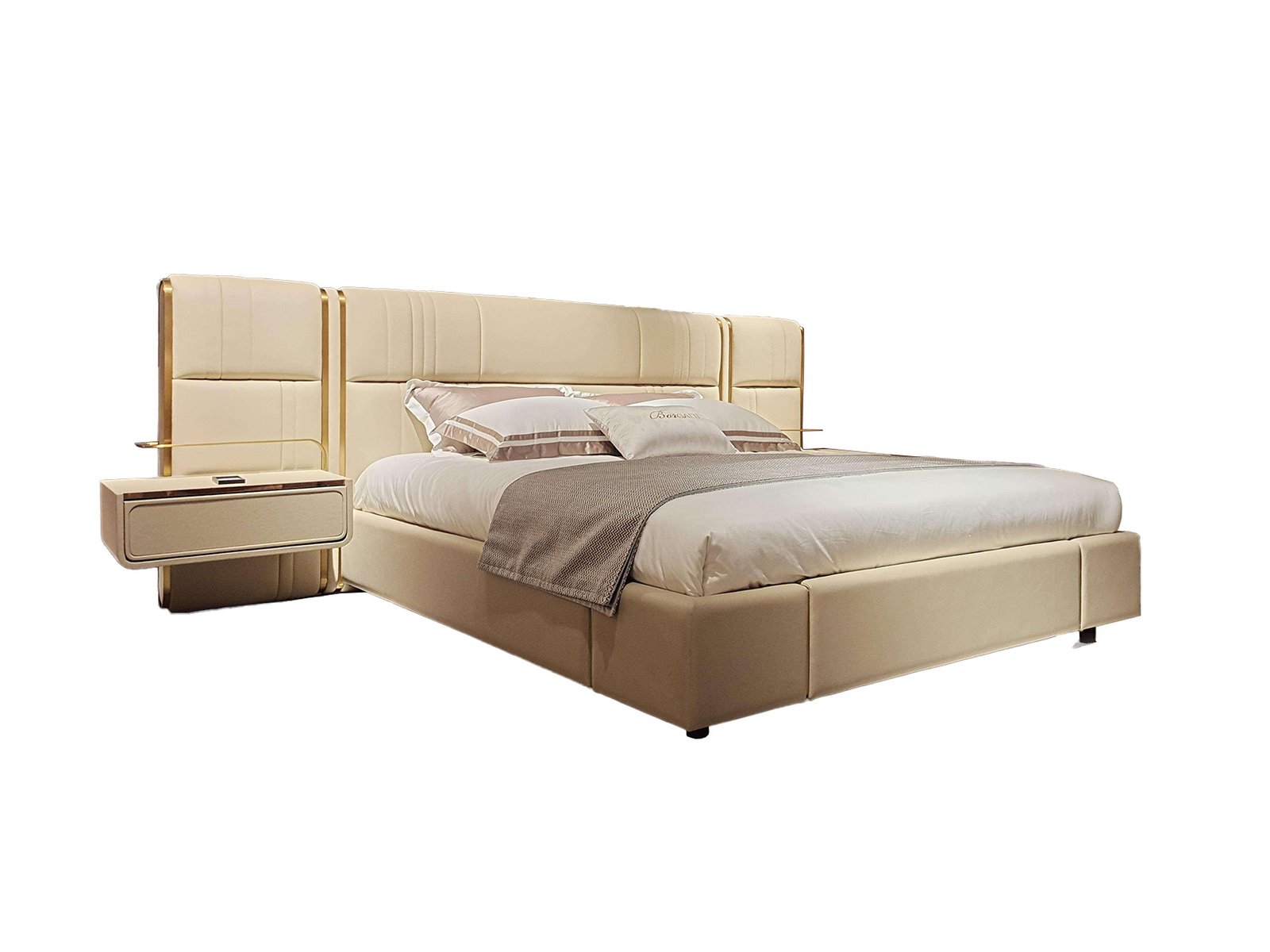 Luxury bed with LED lighting and blue stone veneer headboard in modern bedroom setting