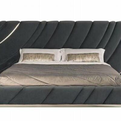 Metal headboard bed with customizable upholstery in modern bedroom setting