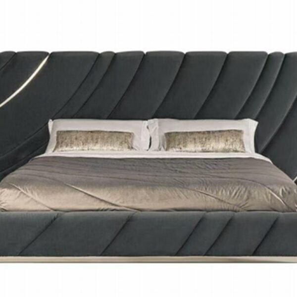 Metal headboard bed with customizable upholstery in modern bedroom setting