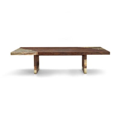 Stone grain dining table with black peach tree stone top and contemporary metal base full view