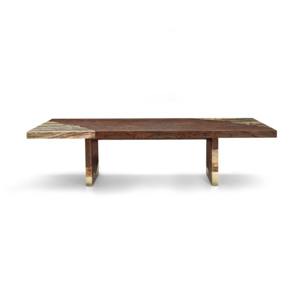 Stone grain dining table with black peach tree stone top and contemporary metal base full view