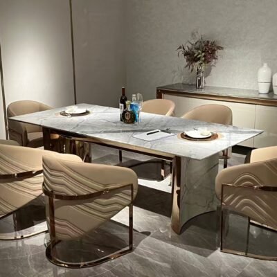 Premium stone dining table in luxury dining room with contemporary marble dining setting