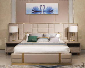 Babylon Bed with leather headboard and integrated lighting nightstand bedroom furniture set