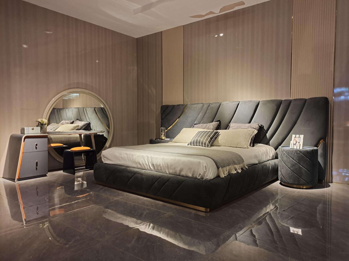 Metal headboard bed with customizable upholstery in modern bedroom setting