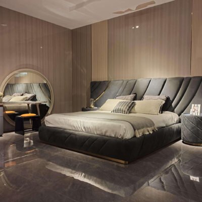 Metal headboard bed with customizable upholstery in modern bedroom setting