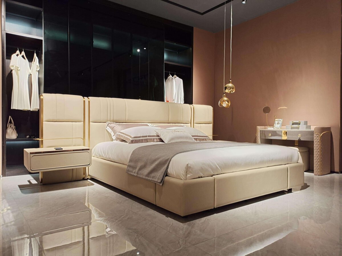 Luxury bed with LED lighting and blue stone veneer headboard in modern bedroom setting