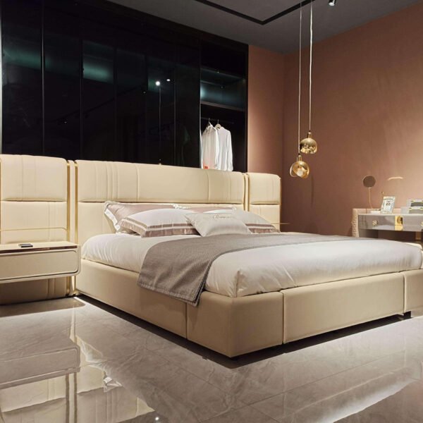 Luxury bed with LED lighting and blue stone veneer headboard in modern bedroom setting