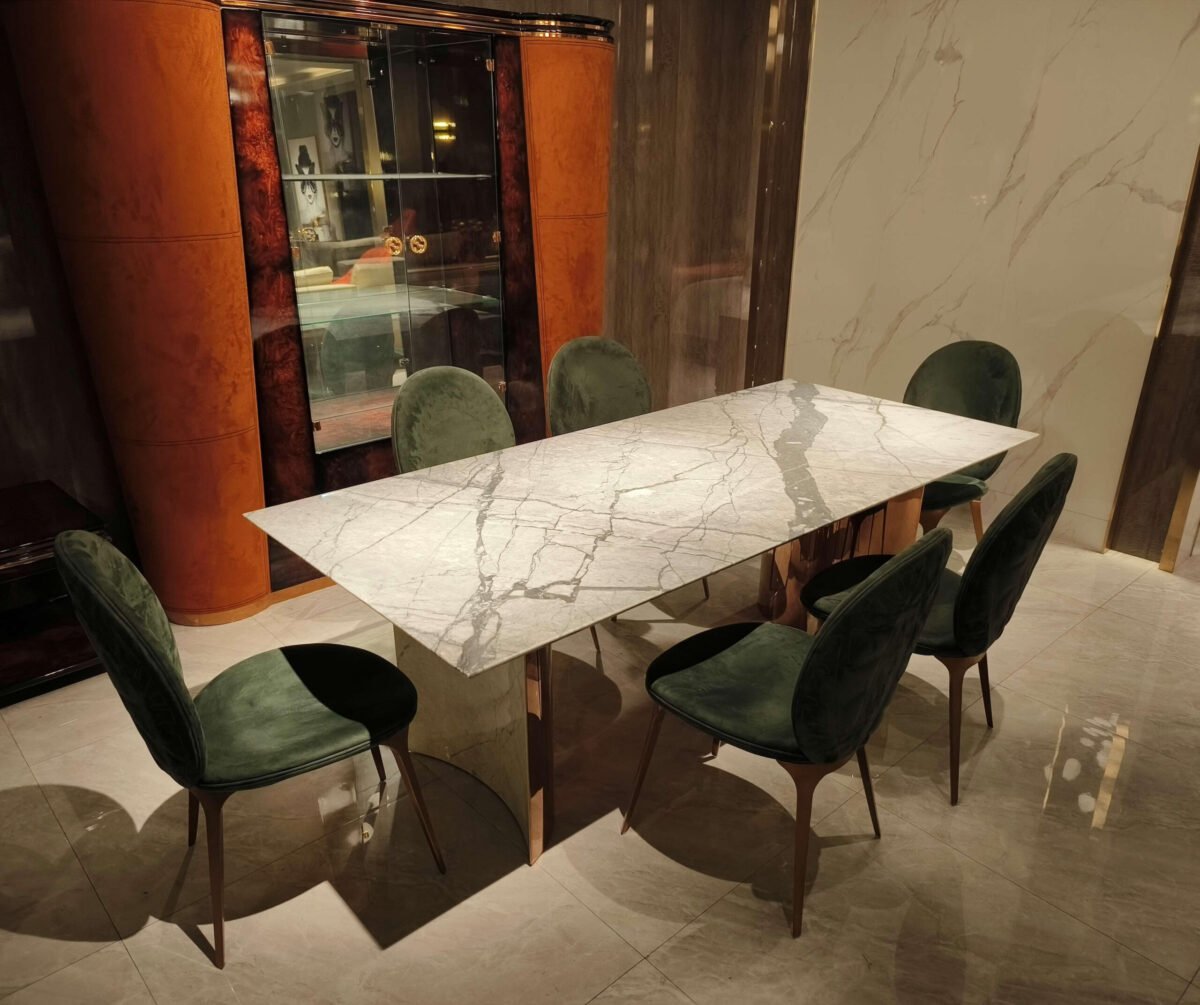 Premium stone dining table in luxury dining room with contemporary marble dining setting