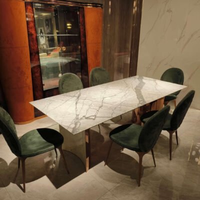 Premium stone dining table in luxury dining room with contemporary marble dining setting