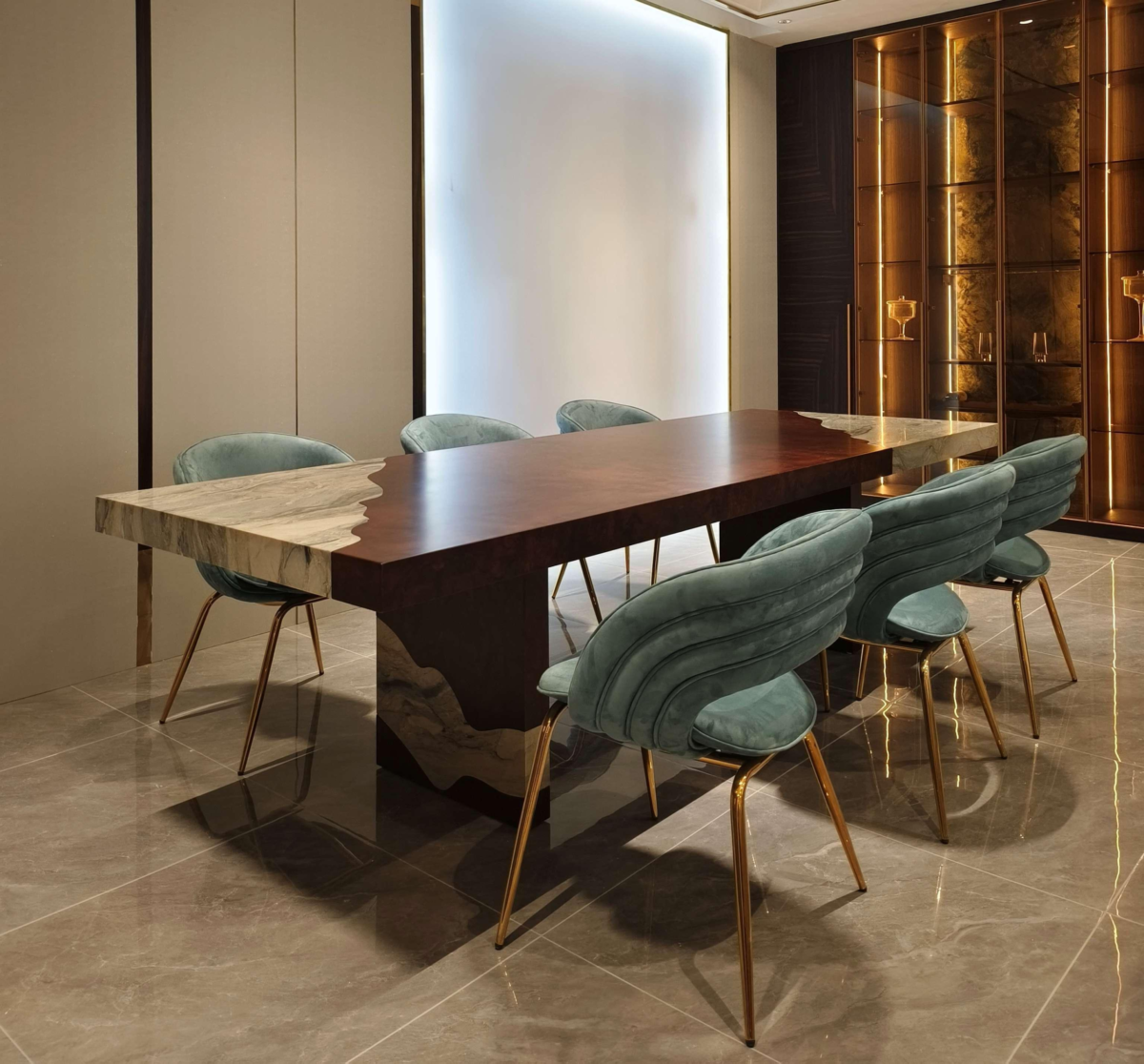 Large format dining table in contemporary restaurant setting with commercial dining table stone