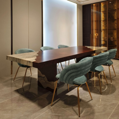 Large format dining table in contemporary restaurant setting with commercial dining table stone