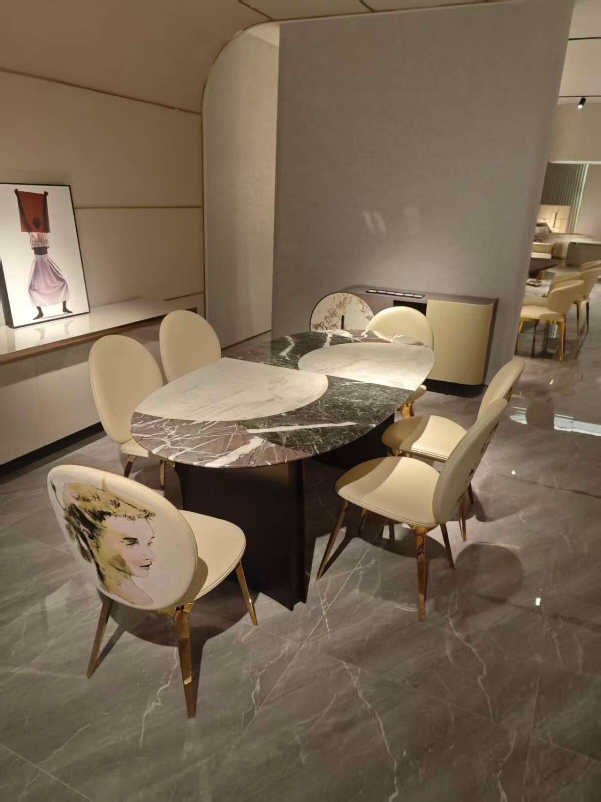 Natural mosaic stone dining table with multi-tone honey caramel gray ivory pattern and hardware base