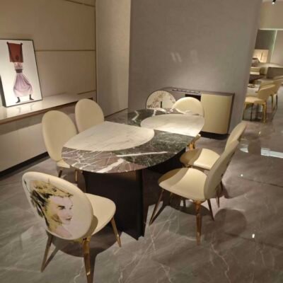 Natural mosaic stone dining table with multi-tone honey caramel gray ivory pattern and hardware base