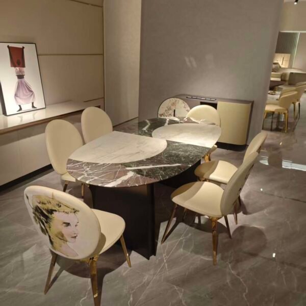 Natural mosaic stone dining table with multi-tone honey caramel gray ivory pattern and hardware base