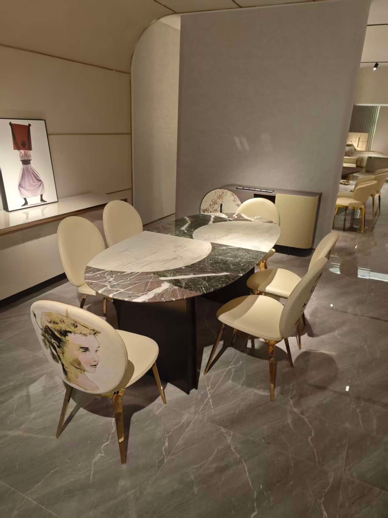 Natural mosaic stone dining table with multi-tone honey caramel gray ivory pattern and hardware base