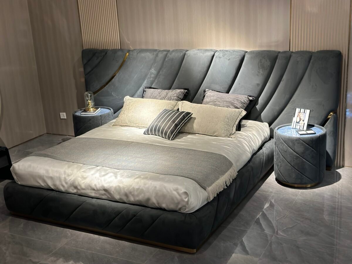 Metal headboard bed with customizable upholstery in modern bedroom setting