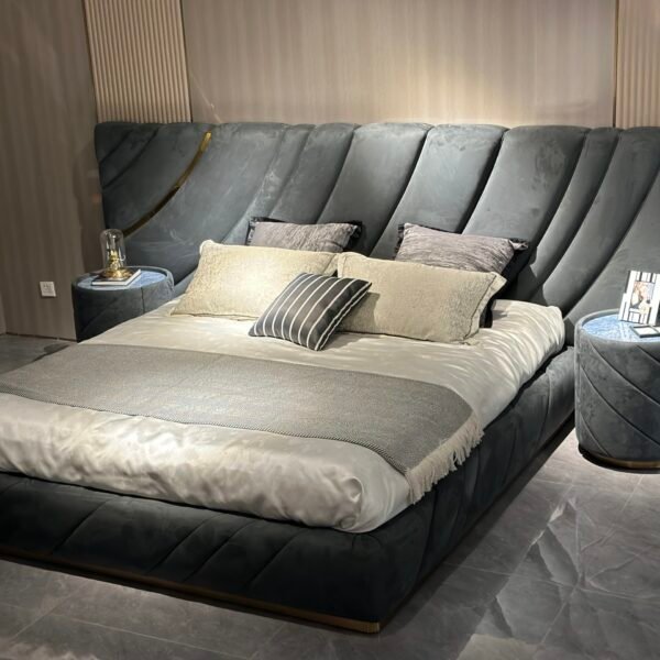 Metal headboard bed with customizable upholstery in modern bedroom setting