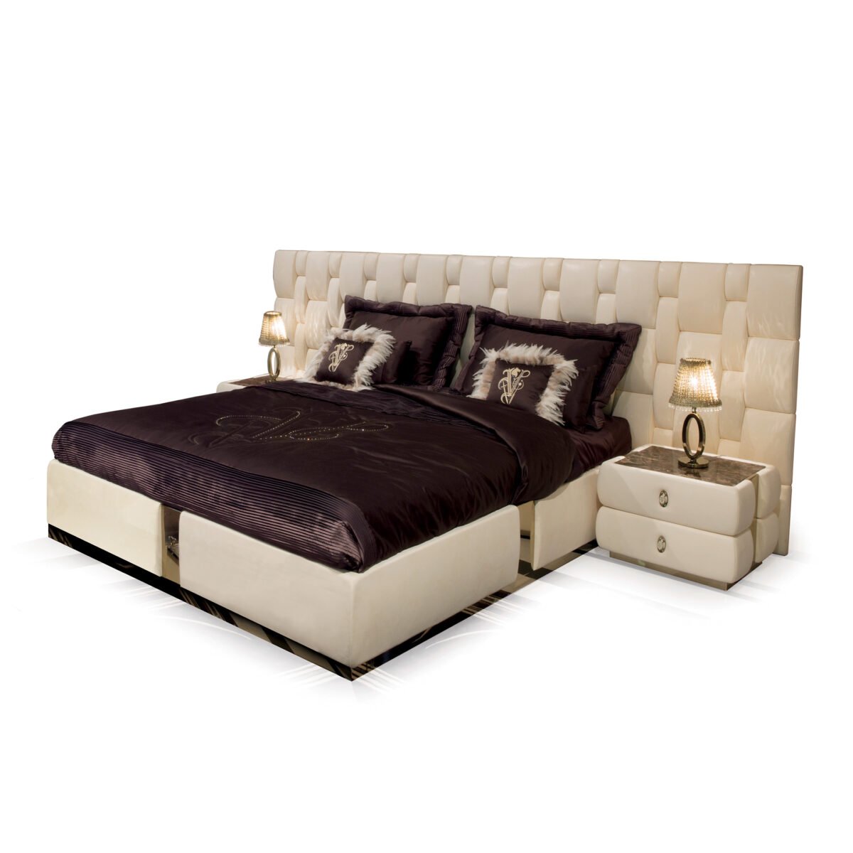 Cantor Dual Bed with faux leather headboard and matching nightstand in modern bedroom