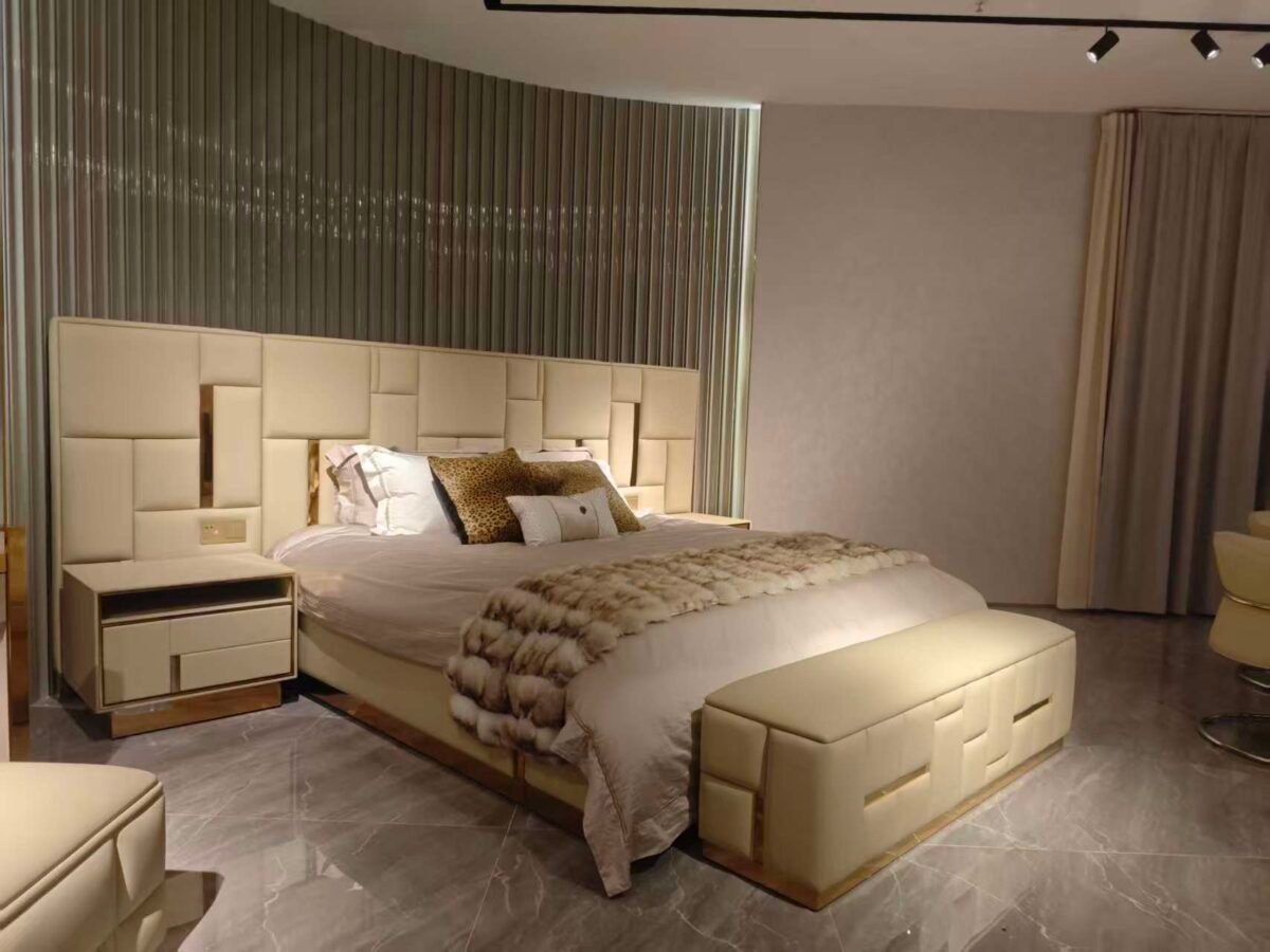 Babylon Bed with leather headboard and integrated lighting nightstand bedroom furniture set