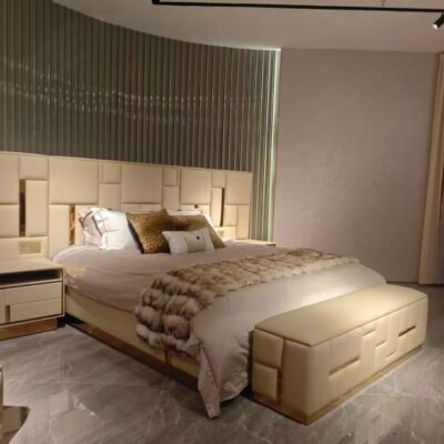 Babylon Bed with leather headboard and integrated lighting nightstand bedroom furniture set