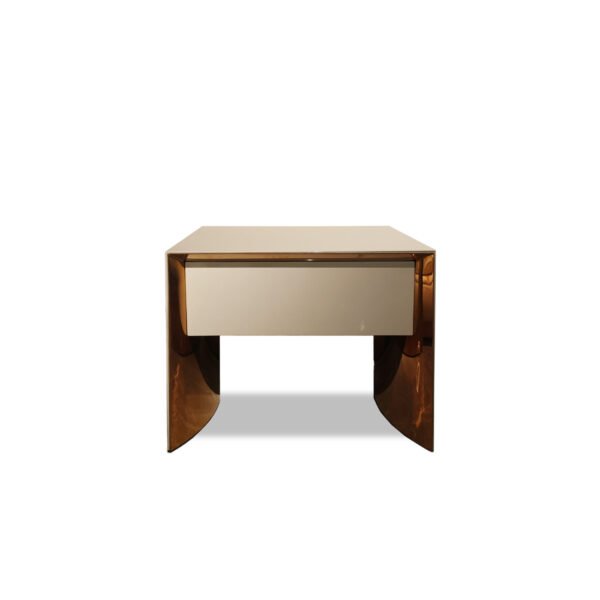 Nightstand with drawer featuring rose gold hardware and mirror finish in contemporary bedroom